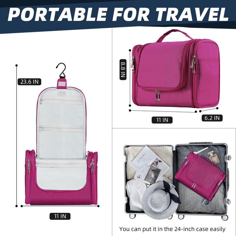Buruis Large Capacity Waterproof Toiletry Bag for Women, Hanging Toiletry Organizer, 11"x 6.2"x 8.8", Fushcia - Image 2